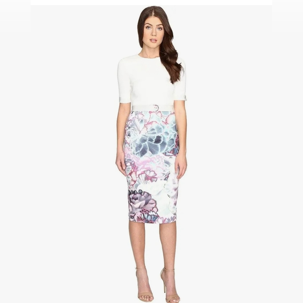 Ted Baker Floral Pencil Dress in White, Pink and Gray
